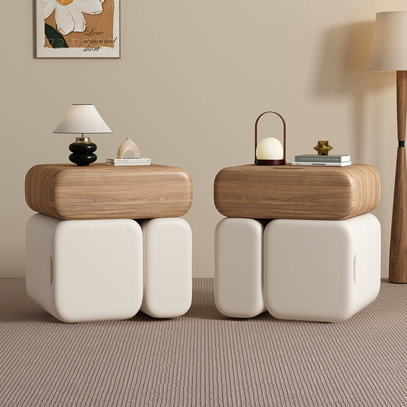 Modern Minimalist Solid Wood &amp; Plywood Faux Leather Rounded Rectangular Nightstand With 3 Drawer Storage For Bedroom