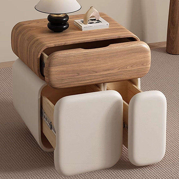 Table de chevet rectangulaire arrondie en bois massif et cuir synthétique, style minimaliste moderne, avec 3 tiroirs de rangement pour chambre à coucher 