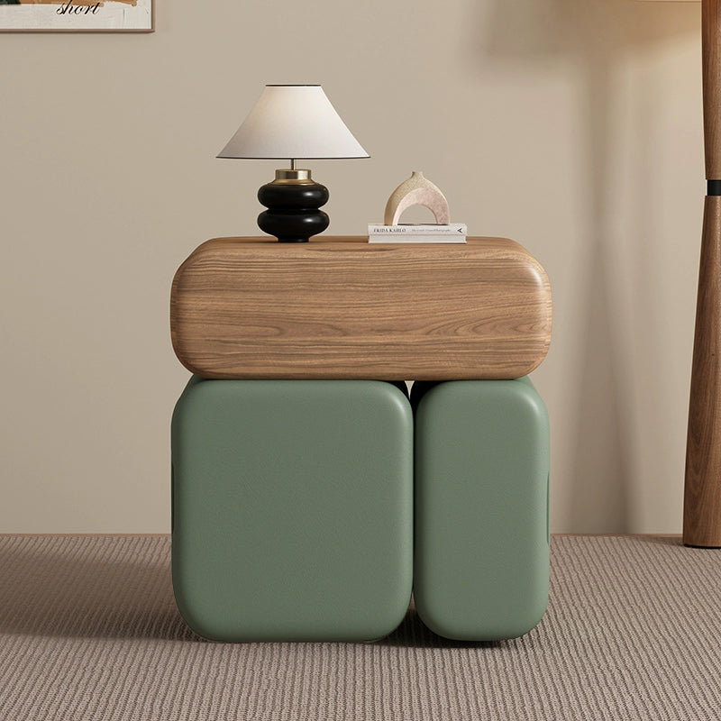 Modern Minimalist Solid Wood &amp; Plywood Faux Leather Rounded Rectangular Nightstand With 3 Drawer Storage For Bedroom