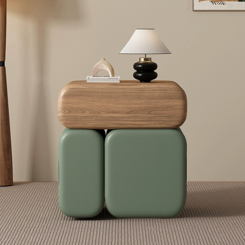Modern Minimalist Solid Wood &amp; Plywood Faux Leather Rounded Rectangular Nightstand With 3 Drawer Storage For Bedroom