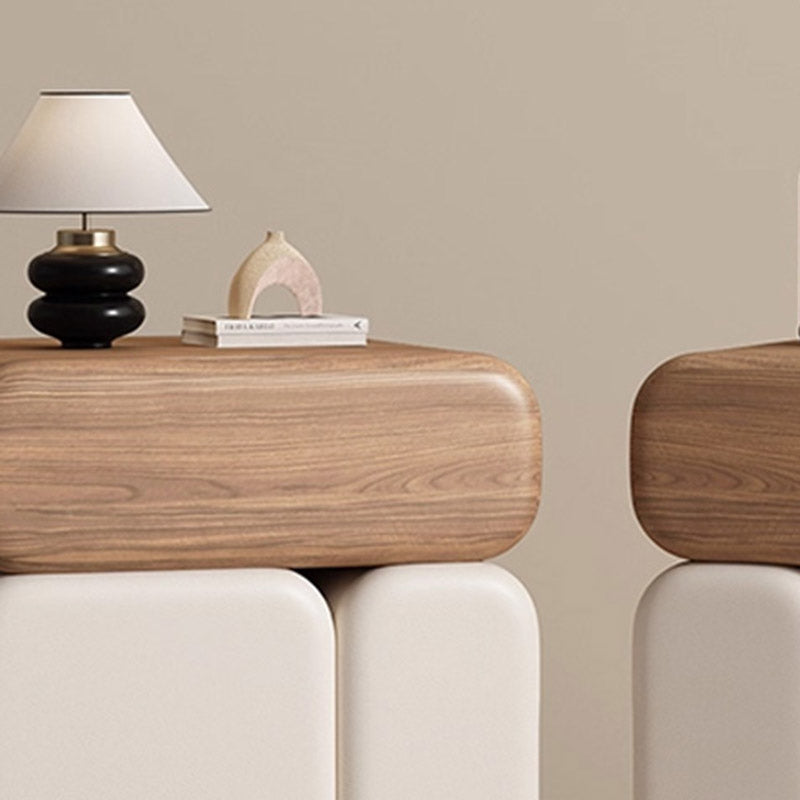 Modern Minimalist Solid Wood &amp; Plywood Faux Leather Rounded Rectangular Nightstand With 3 Drawer Storage For Bedroom