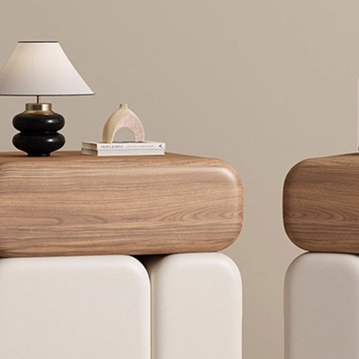 Modern Minimalist Solid Wood &amp; Plywood Faux Leather Rounded Rectangular Nightstand With 3 Drawer Storage For Bedroom