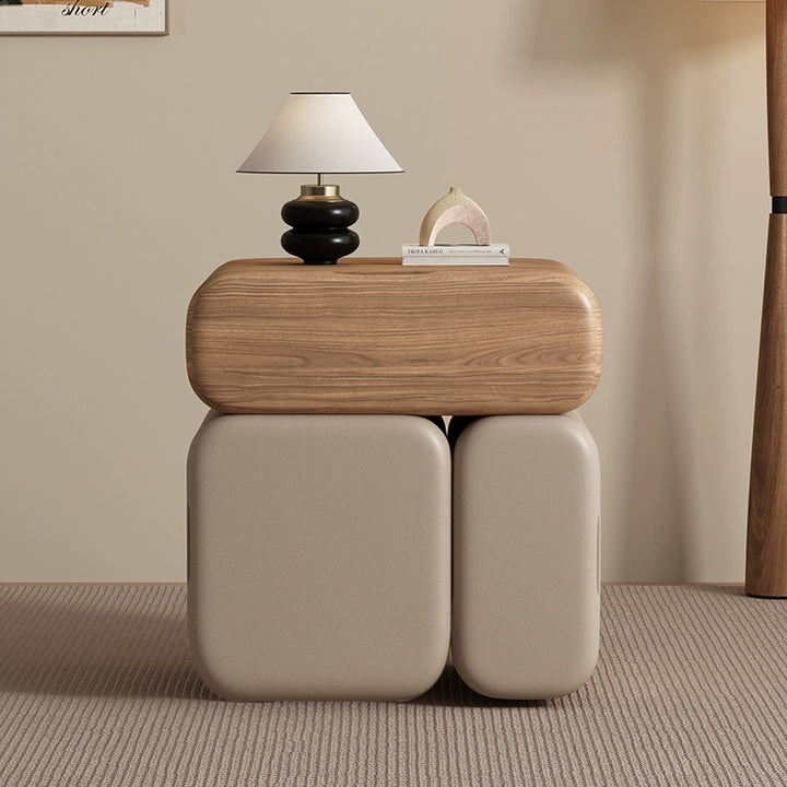 Table de chevet rectangulaire arrondie en bois massif et cuir synthétique, style minimaliste moderne, avec 3 tiroirs de rangement pour chambre à coucher 