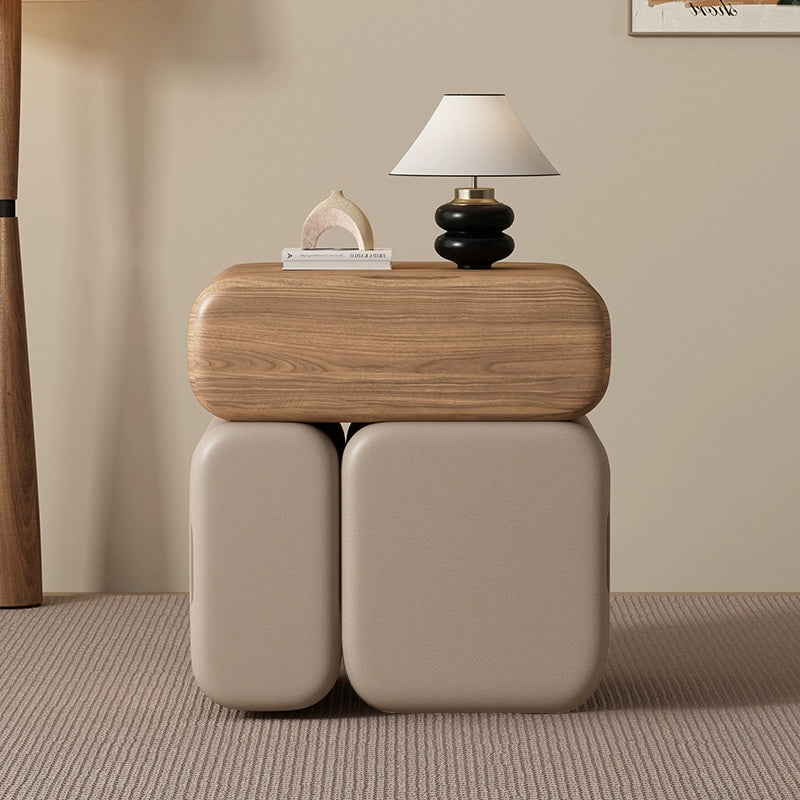 Modern Minimalist Solid Wood &amp; Plywood Faux Leather Rounded Rectangular Nightstand With 3 Drawer Storage For Bedroom