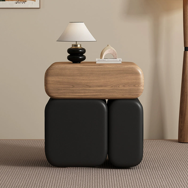 Modern Minimalist Solid Wood &amp; Plywood Faux Leather Rounded Rectangular Nightstand With 3 Drawer Storage For Bedroom