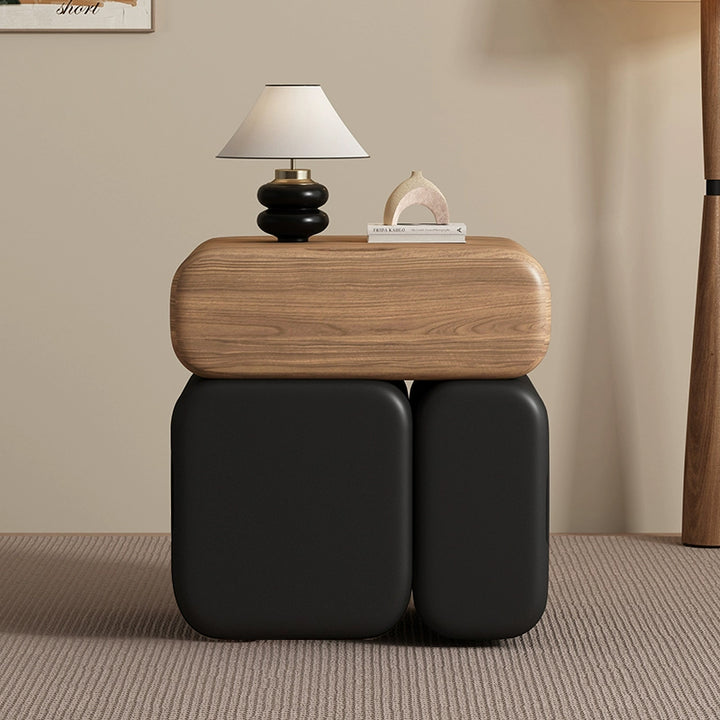 Modern Minimalist Solid Wood &amp; Plywood Faux Leather Rounded Rectangular Nightstand With 3 Drawer Storage For Bedroom