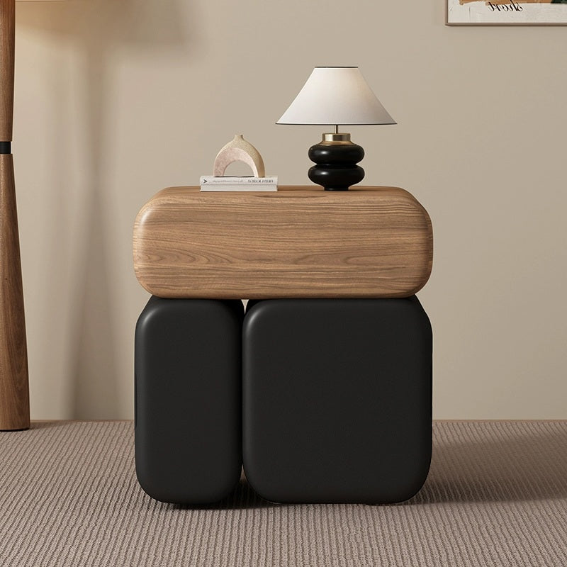 Modern Minimalist Solid Wood &amp; Plywood Faux Leather Rounded Rectangular Nightstand With 3 Drawer Storage For Bedroom