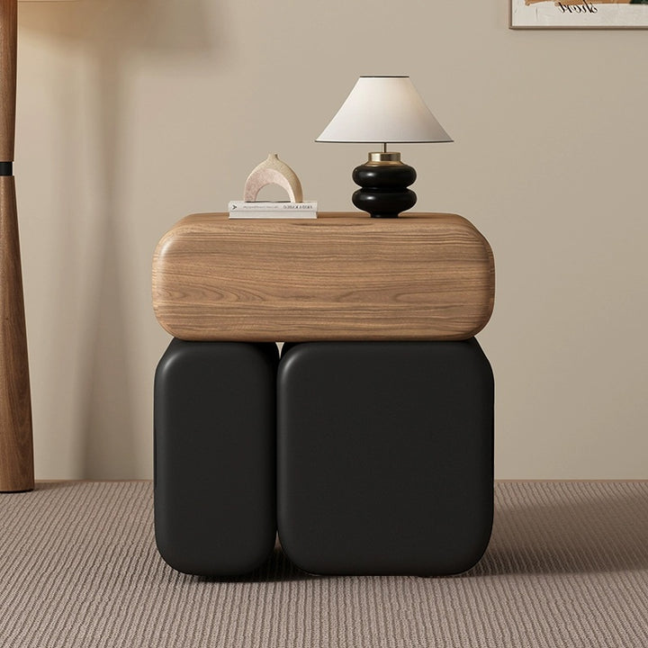 Modern Minimalist Solid Wood &amp; Plywood Faux Leather Rounded Rectangular Nightstand With 3 Drawer Storage For Bedroom