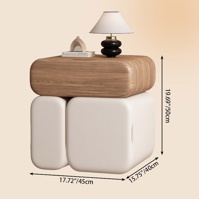 Modern Minimalist Solid Wood &amp; Plywood Faux Leather Rounded Rectangular Nightstand With 3 Drawer Storage For Bedroom
