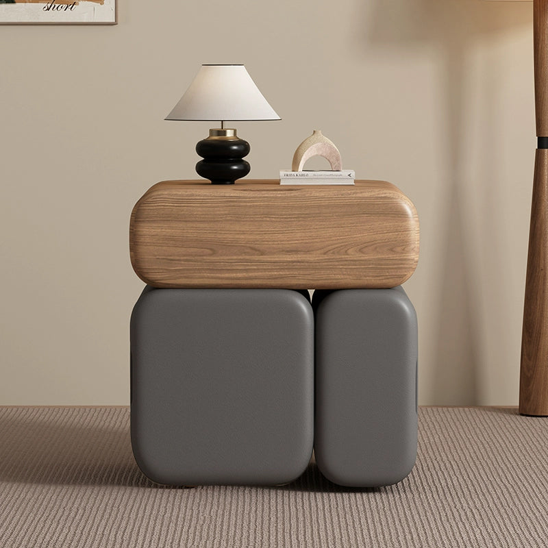 Modern Minimalist Solid Wood &amp; Plywood Faux Leather Rounded Rectangular Nightstand With 3 Drawer Storage For Bedroom