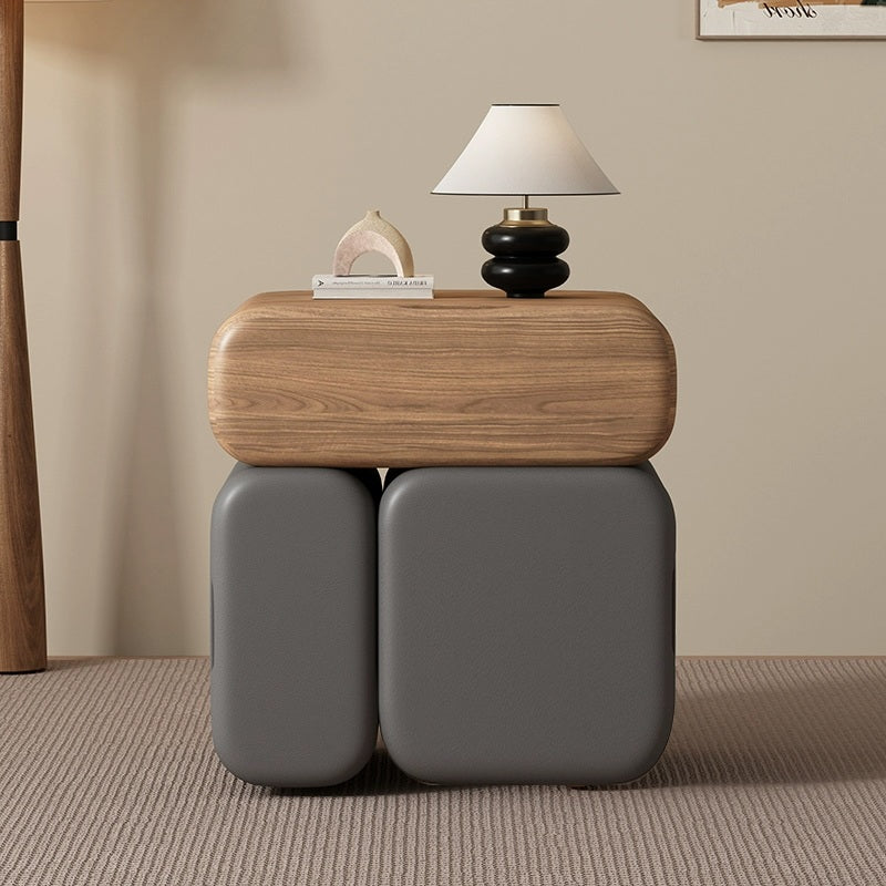 Modern Minimalist Solid Wood &amp; Plywood Faux Leather Rounded Rectangular Nightstand With 3 Drawer Storage For Bedroom