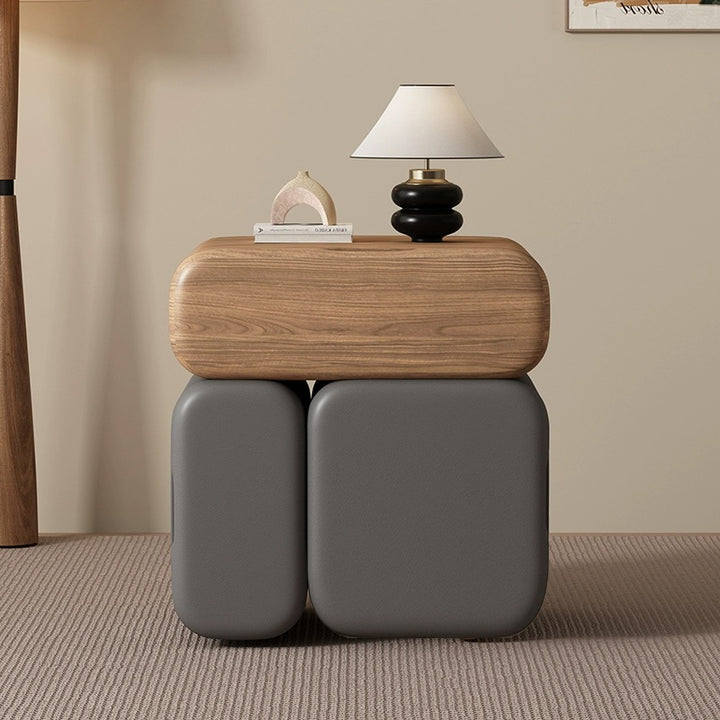 Modern Minimalist Solid Wood &amp; Plywood Faux Leather Rounded Rectangular Nightstand With 3 Drawer Storage For Bedroom
