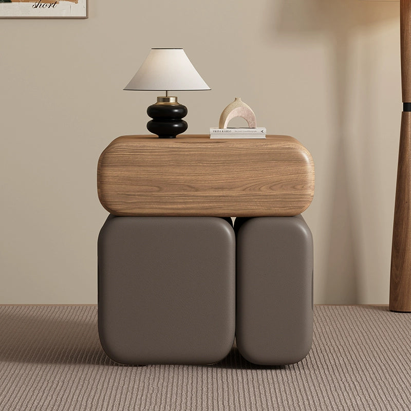 Modern Minimalist Solid Wood &amp; Plywood Faux Leather Rounded Rectangular Nightstand With 3 Drawer Storage For Bedroom