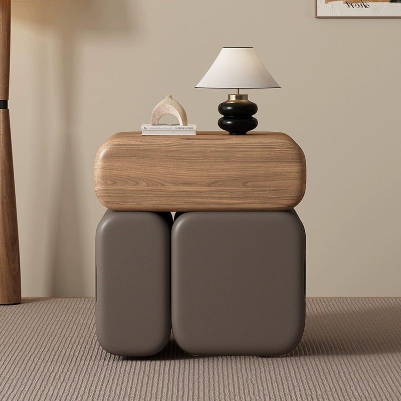 Modern Minimalist Solid Wood &amp; Plywood Faux Leather Rounded Rectangular Nightstand With 3 Drawer Storage For Bedroom