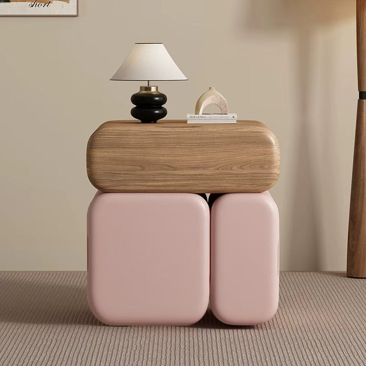 Modern Minimalist Solid Wood &amp; Plywood Faux Leather Rounded Rectangular Nightstand With 3 Drawer Storage For Bedroom