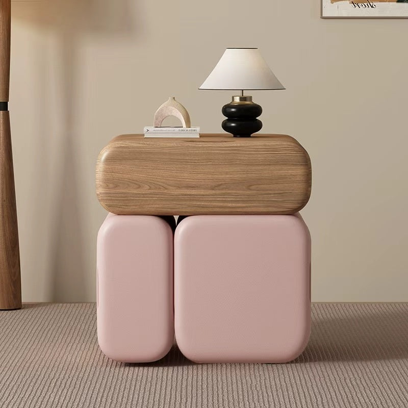 Modern Minimalist Solid Wood &amp; Plywood Faux Leather Rounded Rectangular Nightstand With 3 Drawer Storage For Bedroom