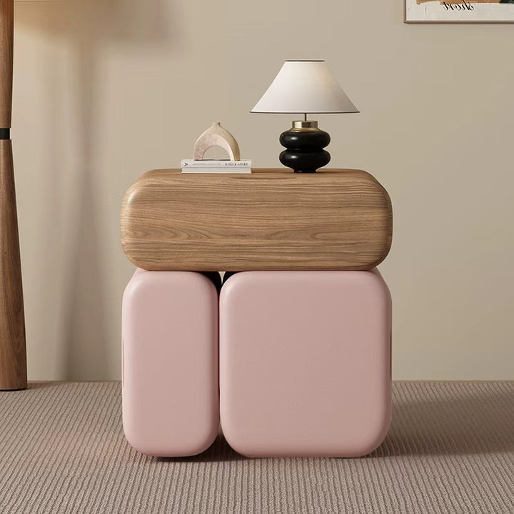 Modern Minimalist Solid Wood &amp; Plywood Faux Leather Rounded Rectangular Nightstand With 3 Drawer Storage For Bedroom