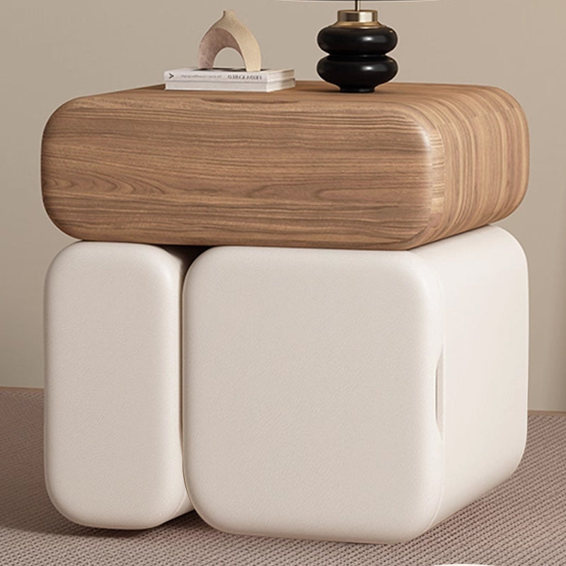 Modern Minimalist Solid Wood &amp; Plywood Faux Leather Rounded Rectangular Nightstand With 3 Drawer Storage For Bedroom