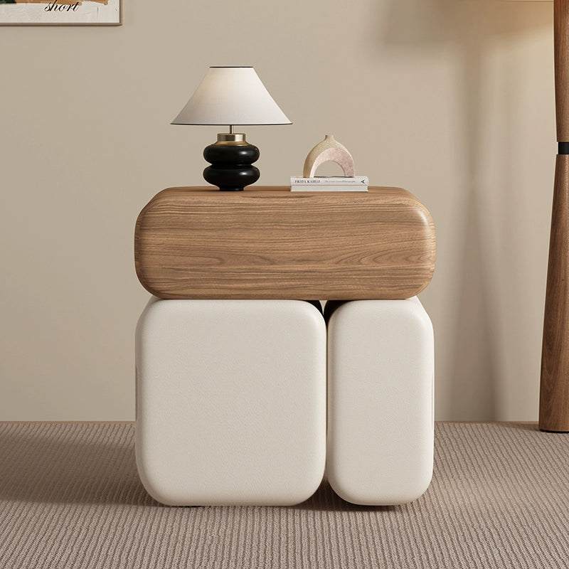 Modern Minimalist Solid Wood &amp; Plywood Faux Leather Rounded Rectangular Nightstand With 3 Drawer Storage For Bedroom