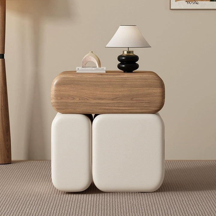Modern Minimalist Solid Wood &amp; Plywood Faux Leather Rounded Rectangular Nightstand With 3 Drawer Storage For Bedroom