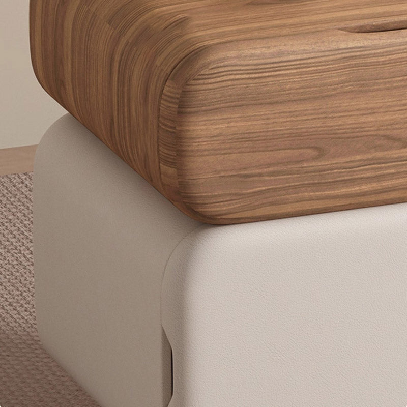 Modern Minimalist Solid Wood &amp; Plywood Faux Leather Rounded Rectangular Nightstand With 3 Drawer Storage For Bedroom