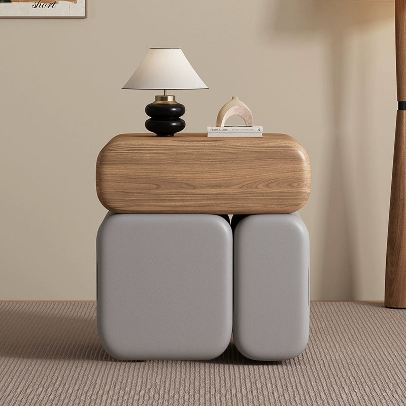 Modern Minimalist Solid Wood &amp; Plywood Faux Leather Rounded Rectangular Nightstand With 3 Drawer Storage For Bedroom