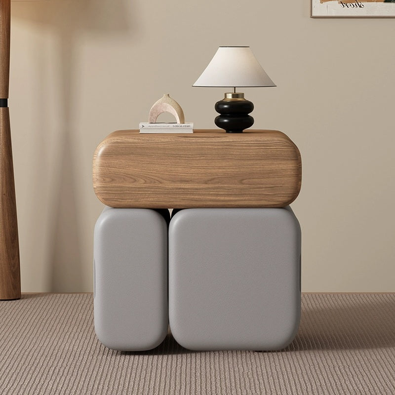 Modern Minimalist Solid Wood &amp; Plywood Faux Leather Rounded Rectangular Nightstand With 3 Drawer Storage For Bedroom