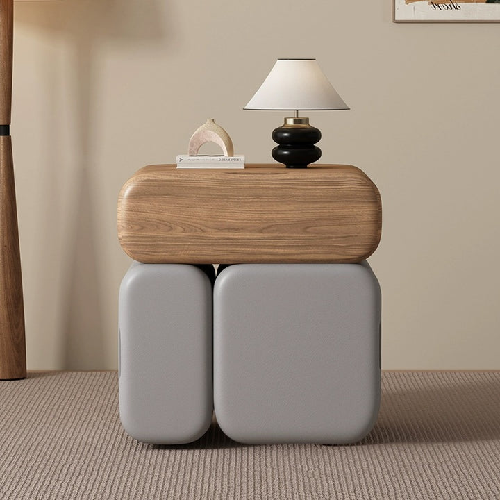 Modern Minimalist Solid Wood &amp; Plywood Faux Leather Rounded Rectangular Nightstand With 3 Drawer Storage For Bedroom