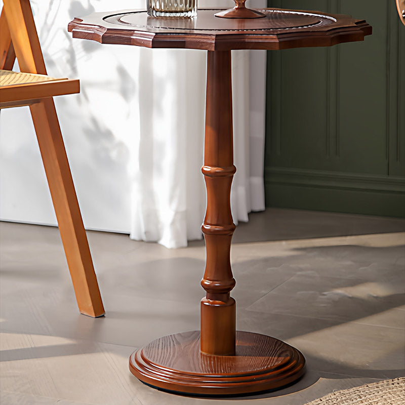 Traditional European Solid North American Red Oak Round Side Table With Wavy Carved Edge For Living Room