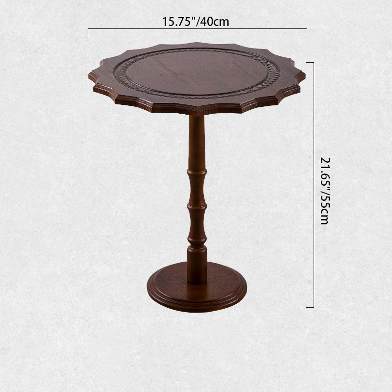 Traditional European Solid North American Red Oak Round Side Table With Wavy Carved Edge For Living Room