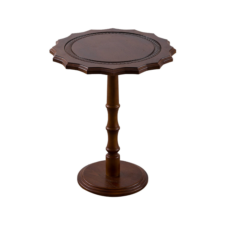 Traditional European Solid North American Red Oak Round Side Table With Wavy Carved Edge For Living Room