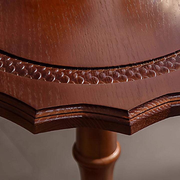 Traditional European Solid North American Red Oak Round Side Table With Wavy Carved Edge For Living Room
