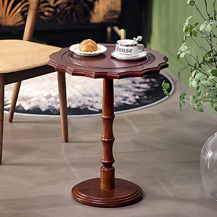 Traditional European Solid North American Red Oak Round Side Table With Wavy Carved Edge For Living Room