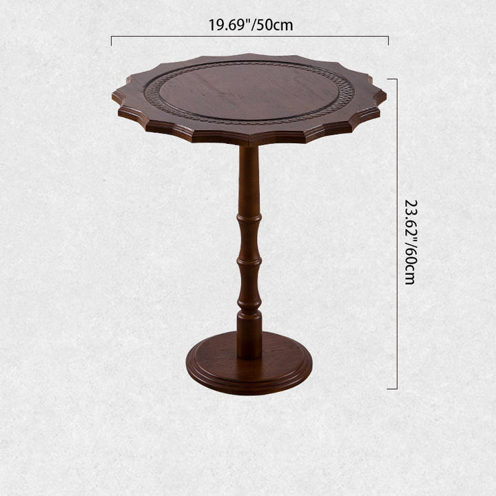 Traditional European Solid North American Red Oak Round Side Table With Wavy Carved Edge For Living Room