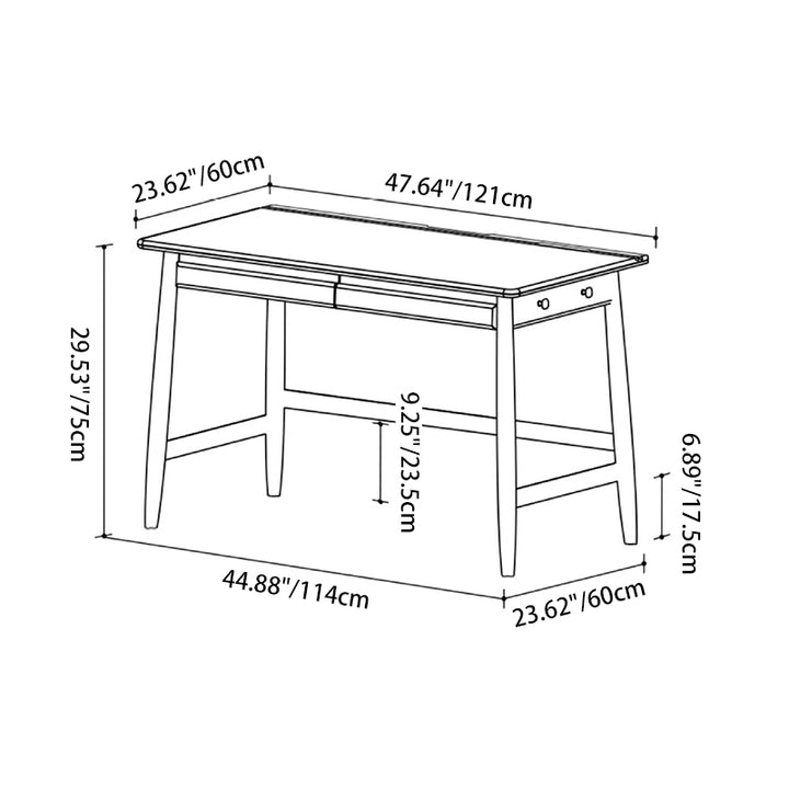 Bureau rectangulaire en verre en bois de cerisier massif au style minimaliste moderne avec 2 tiroirs et crochet latéral pour bureau à domicile 
