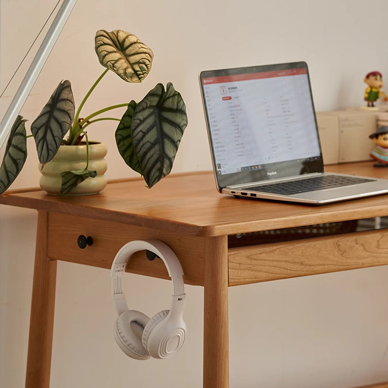 Bureau rectangulaire en verre en bois de cerisier massif au style minimaliste moderne avec 2 tiroirs et crochet latéral pour bureau à domicile 