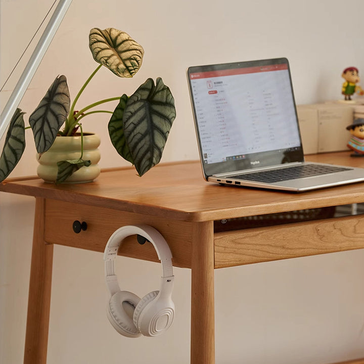 Bureau rectangulaire en verre en bois de cerisier massif au style minimaliste moderne avec 2 tiroirs et crochet latéral pour bureau à domicile 
