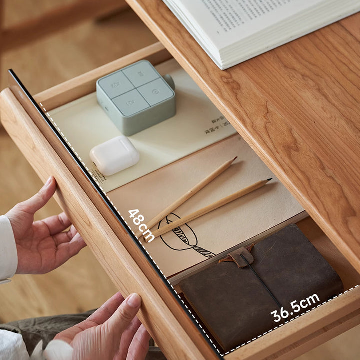 Bureau rectangulaire en verre en bois de cerisier massif au style minimaliste moderne avec 2 tiroirs et crochet latéral pour bureau à domicile 