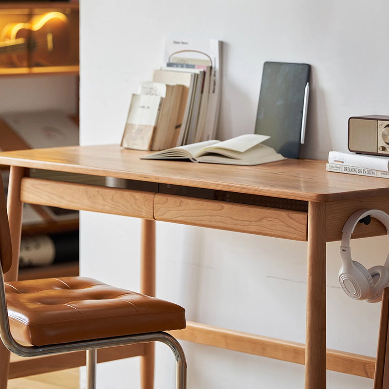 Bureau rectangulaire en verre en bois de cerisier massif au style minimaliste moderne avec 2 tiroirs et crochet latéral pour bureau à domicile 