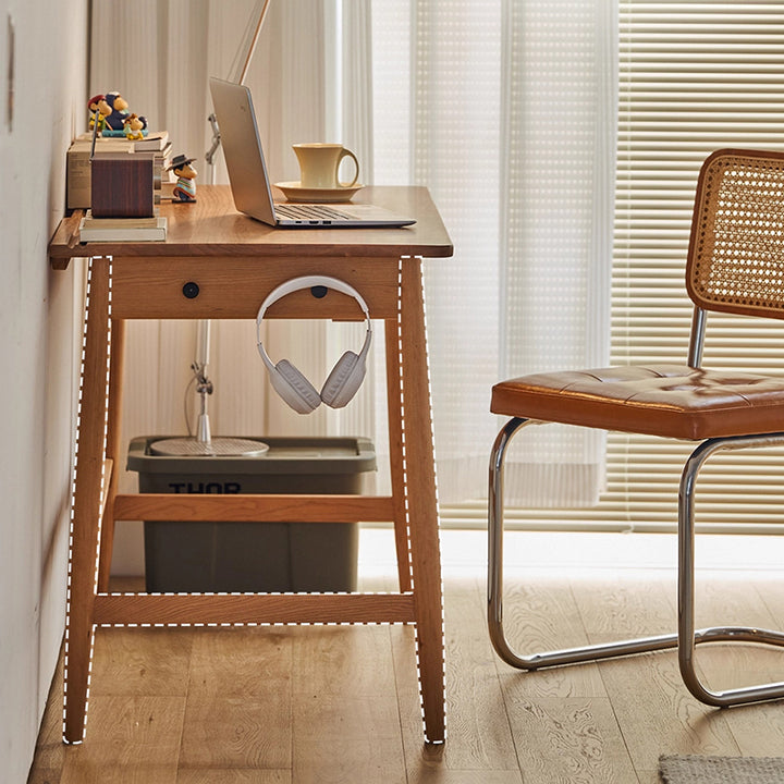 Bureau rectangulaire en verre en bois de cerisier massif au style minimaliste moderne avec 2 tiroirs et crochet latéral pour bureau à domicile 