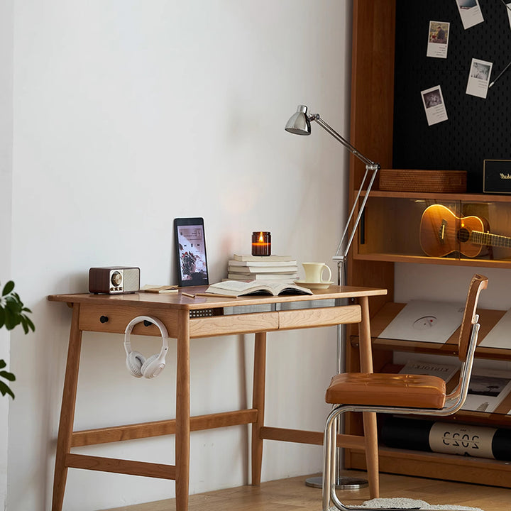 Bureau rectangulaire en verre en bois de cerisier massif au style minimaliste moderne avec 2 tiroirs et crochet latéral pour bureau à domicile 