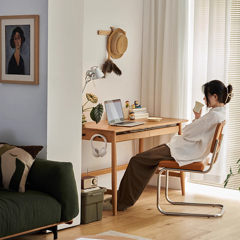 Bureau rectangulaire en verre en bois de cerisier massif au style minimaliste moderne avec 2 tiroirs et crochet latéral pour bureau à domicile 