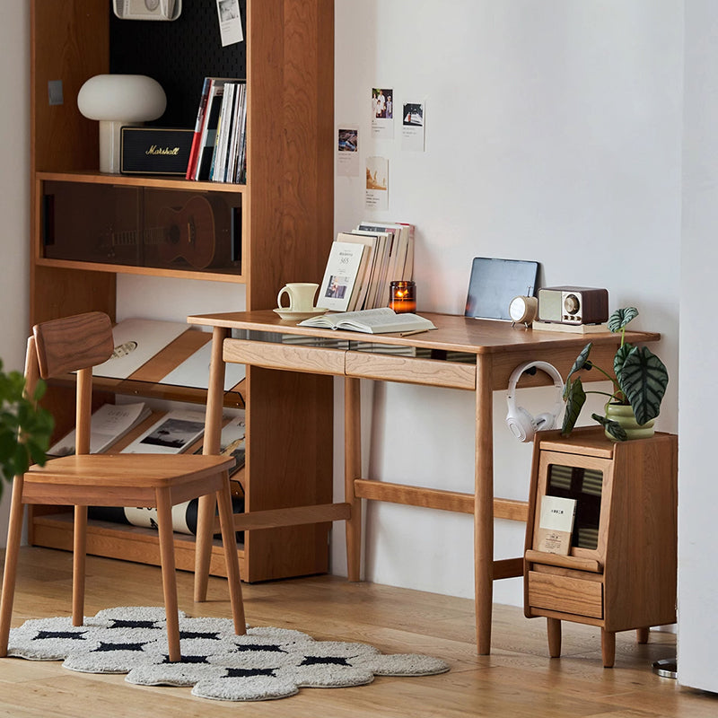 Bureau rectangulaire en verre en bois de cerisier massif au style minimaliste moderne avec 2 tiroirs et crochet latéral pour bureau à domicile 
