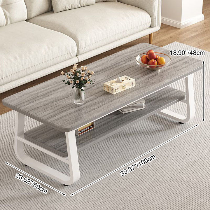 Modern Minimalist MDF &amp; Iron Rounded Rectangular Coffee Table With 2-Tier Storage For Living Room