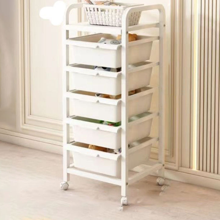 Modern Minimalist PP & Carbon Steel Rectangular Storage Shelf With Drawers, Mobile Organizer For Living Room & Bedroom