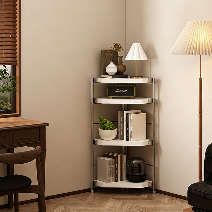 Moderner minimalistischer Eckregal aus Spanplatte und Stahl mit 4 Ebenen für Wohnzimmer und Home Office 