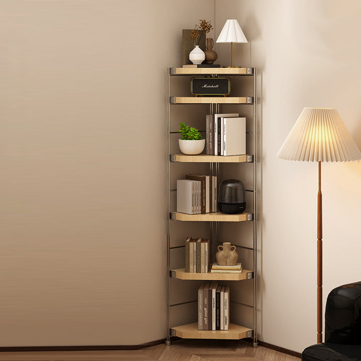 Moderner minimalistischer Eckregal aus Spanplatte und Stahl mit 4 Ebenen für Wohnzimmer und Home Office 