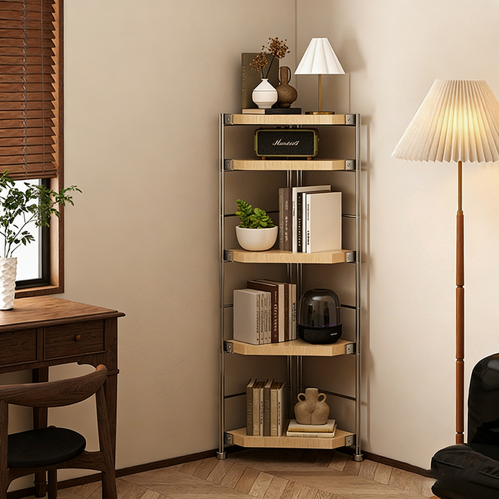 Moderner minimalistischer Eckregal aus Spanplatte und Stahl mit 4 Ebenen für Wohnzimmer und Home Office 