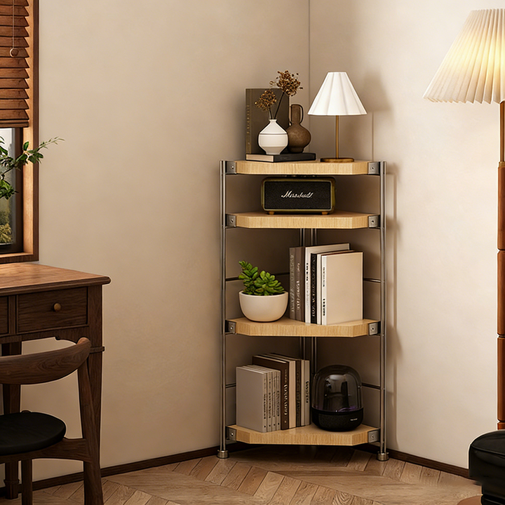 Moderner minimalistischer Eckregal aus Spanplatte und Stahl mit 4 Ebenen für Wohnzimmer und Home Office 