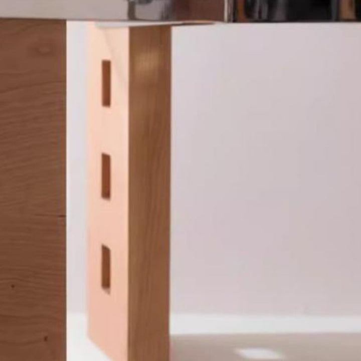 Moderner minimalistischer Couchtisch aus gehärtetem Glas, Edelstahl und massivem Holz mit ovaler Form und perforiertem Sockel, einlagiger Tisch für das Wohnzimmer 